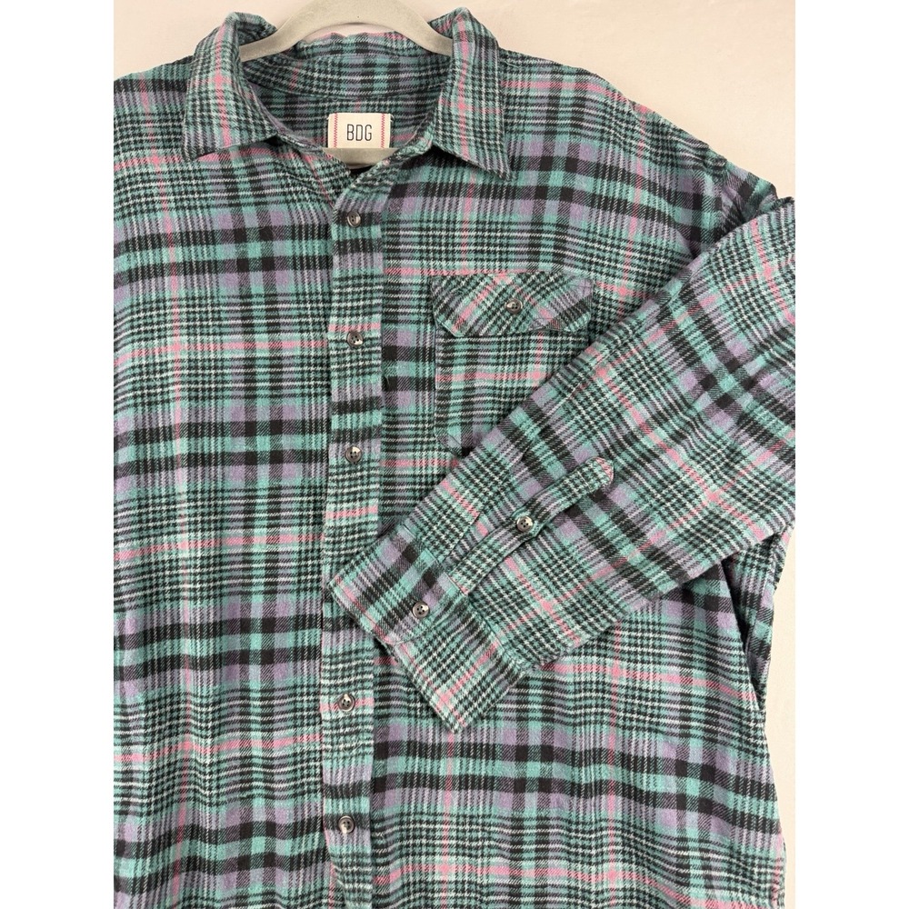BDG Urban Outfitters green/pink ls thick button up flannel, men's medium